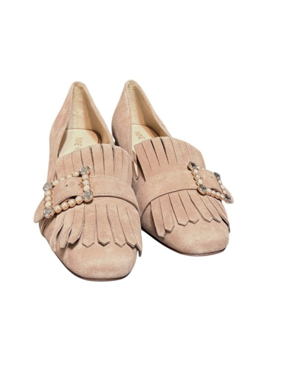 NEW Suede Fringe Pump Pearl Buckle 6.5 Tan Suede Block Heel NWOB Classic Preppy - Picture 2 of 8
